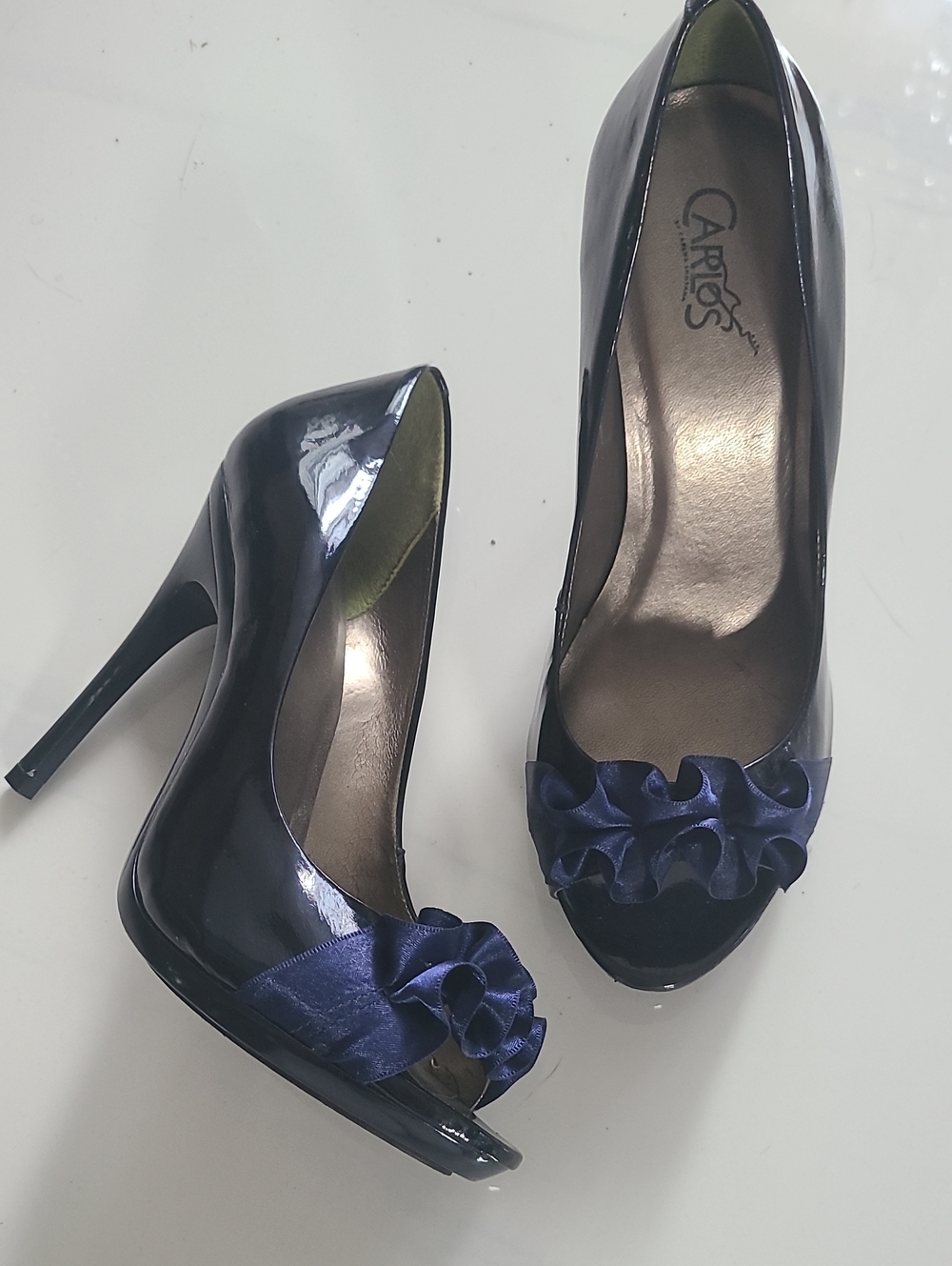Carlos by Carlos Santana Patent Peep-Toe Heels with Royal Blue Satin Ruffle
